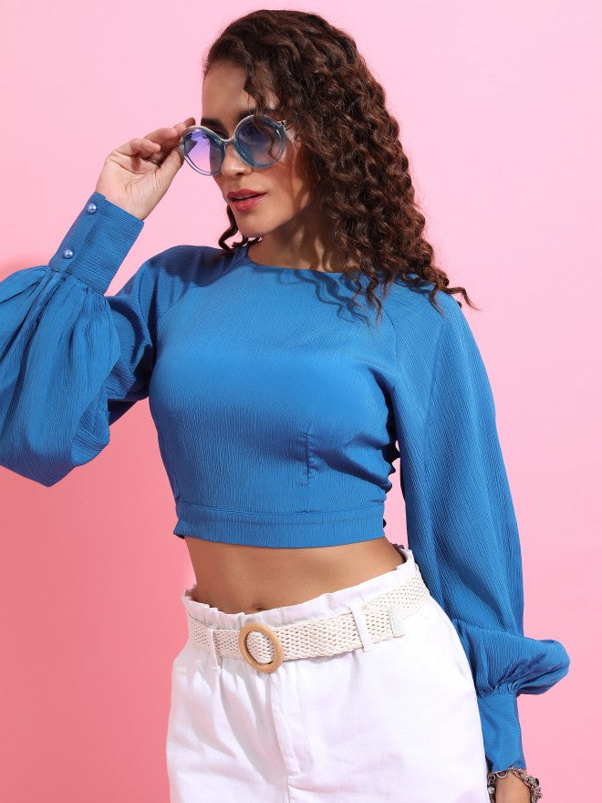 Tokyo Talkies Women Blue Solid Regular Top - Blue - Image 4