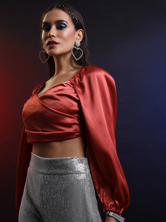 Tokyo Talkies Women Terracotta Solid Regular Top - Terracotta - Image 4