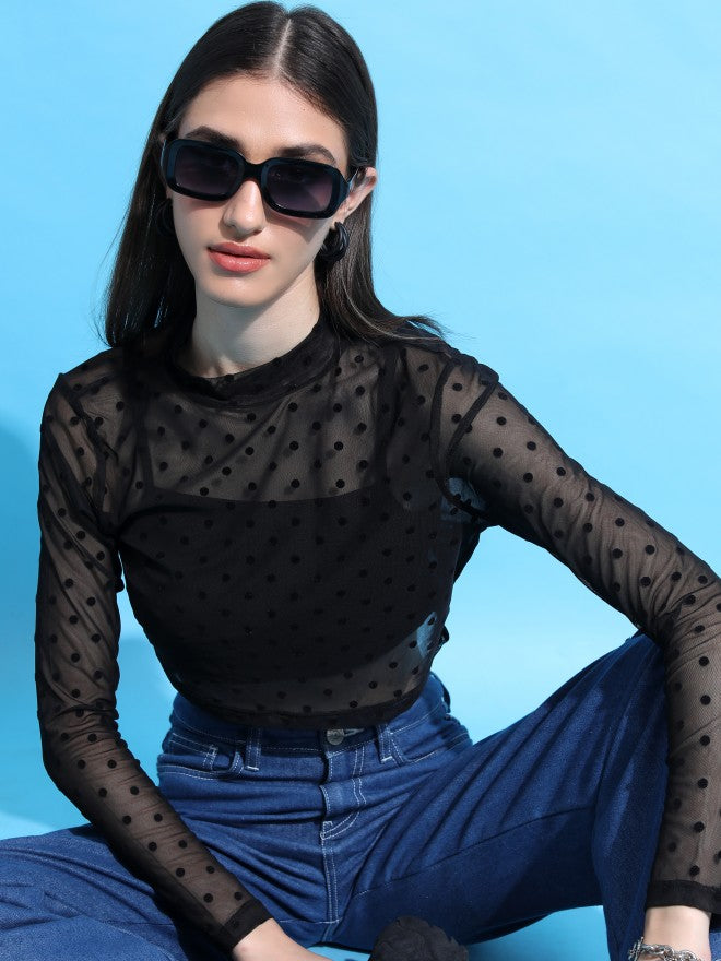 Tokyo Talkies Women Black Self Design Regular Top - Black - Image 1