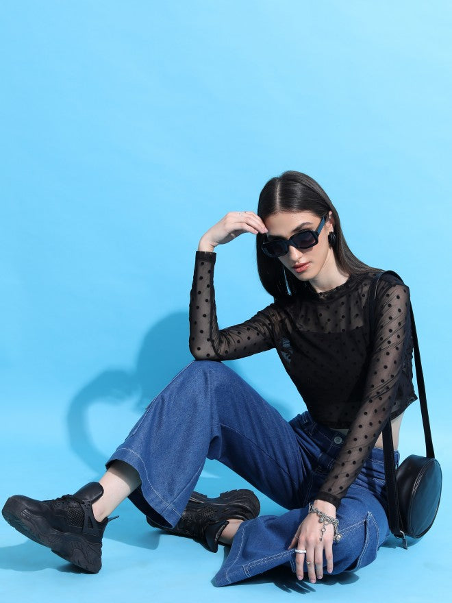 Tokyo Talkies Women Black Self Design Regular Top - Black - Image 2