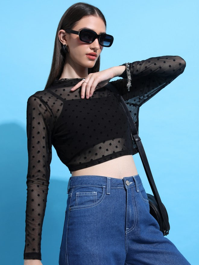 Tokyo Talkies Women Black Self Design Regular Top - Black - Image 6