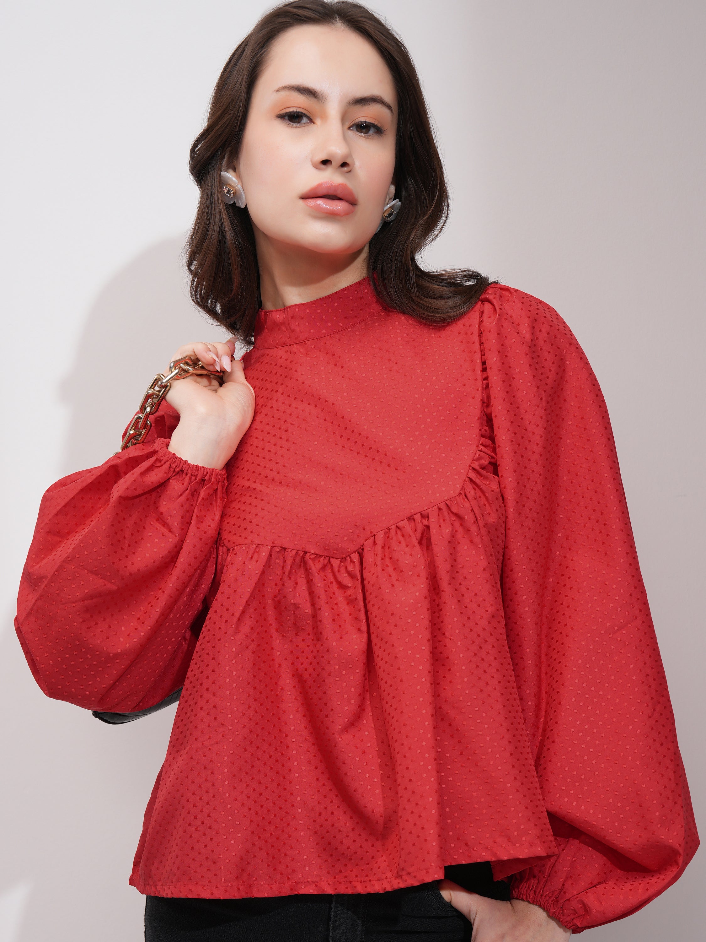 Tokyo Talkies Women Red Self Design Blouson Top - Red - Image 1