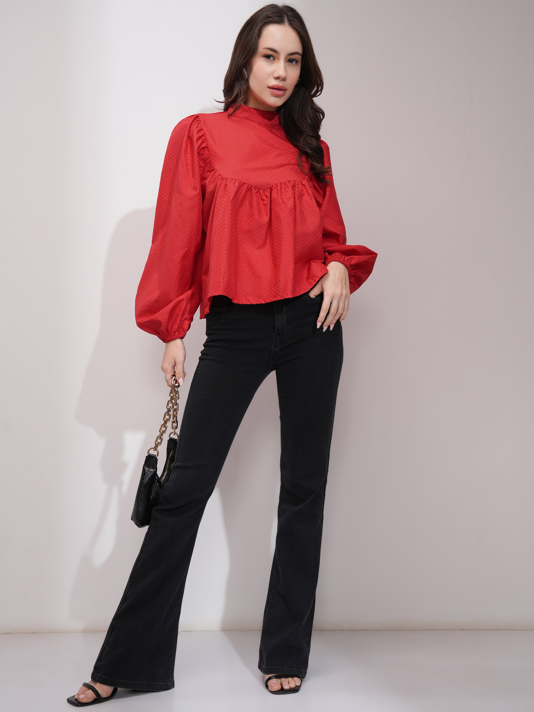Tokyo Talkies Women Red Self Design Blouson Top - Red - Image 2