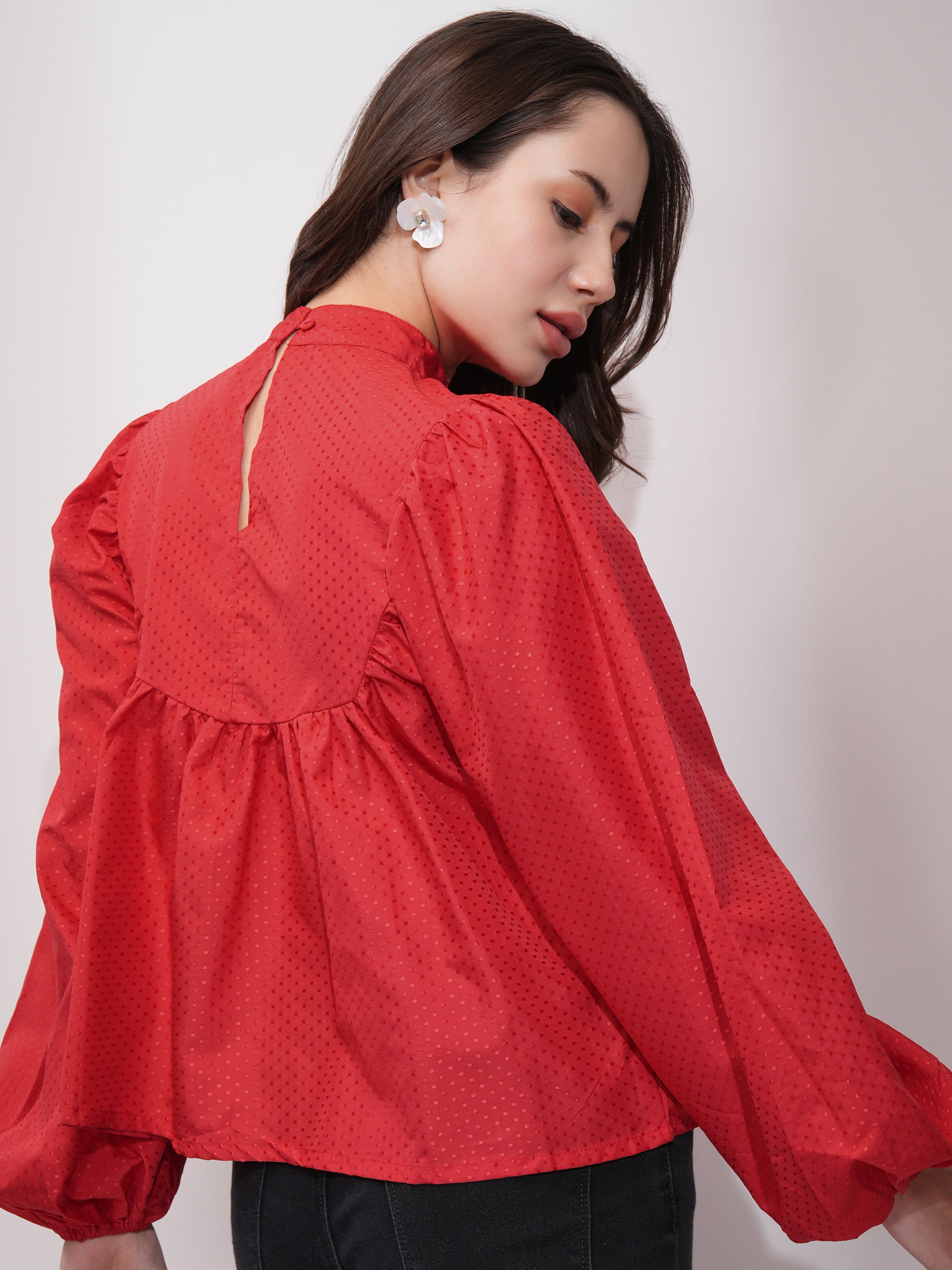 Tokyo Talkies Women Red Self Design Blouson Top - Red - Image 3