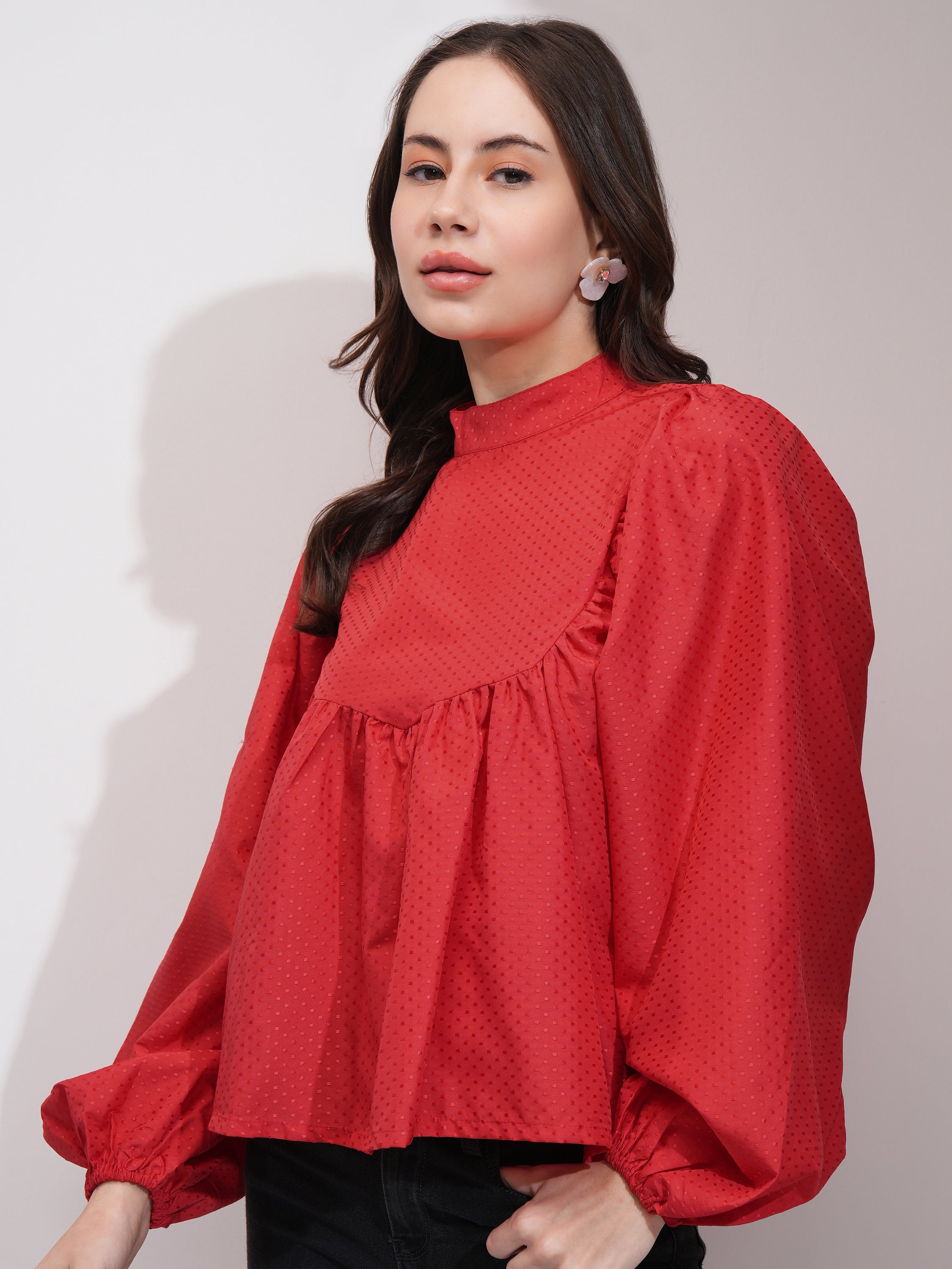 Tokyo Talkies Women Red Self Design Blouson Top - Red - Image 4