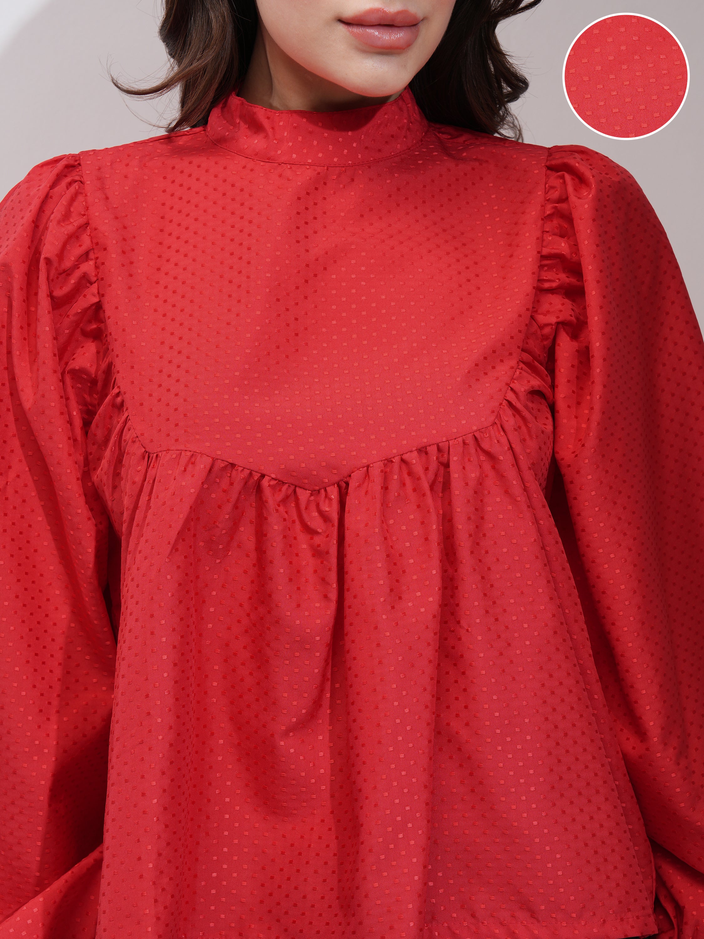 Tokyo Talkies Women Red Self Design Blouson Top - Red - Image 5