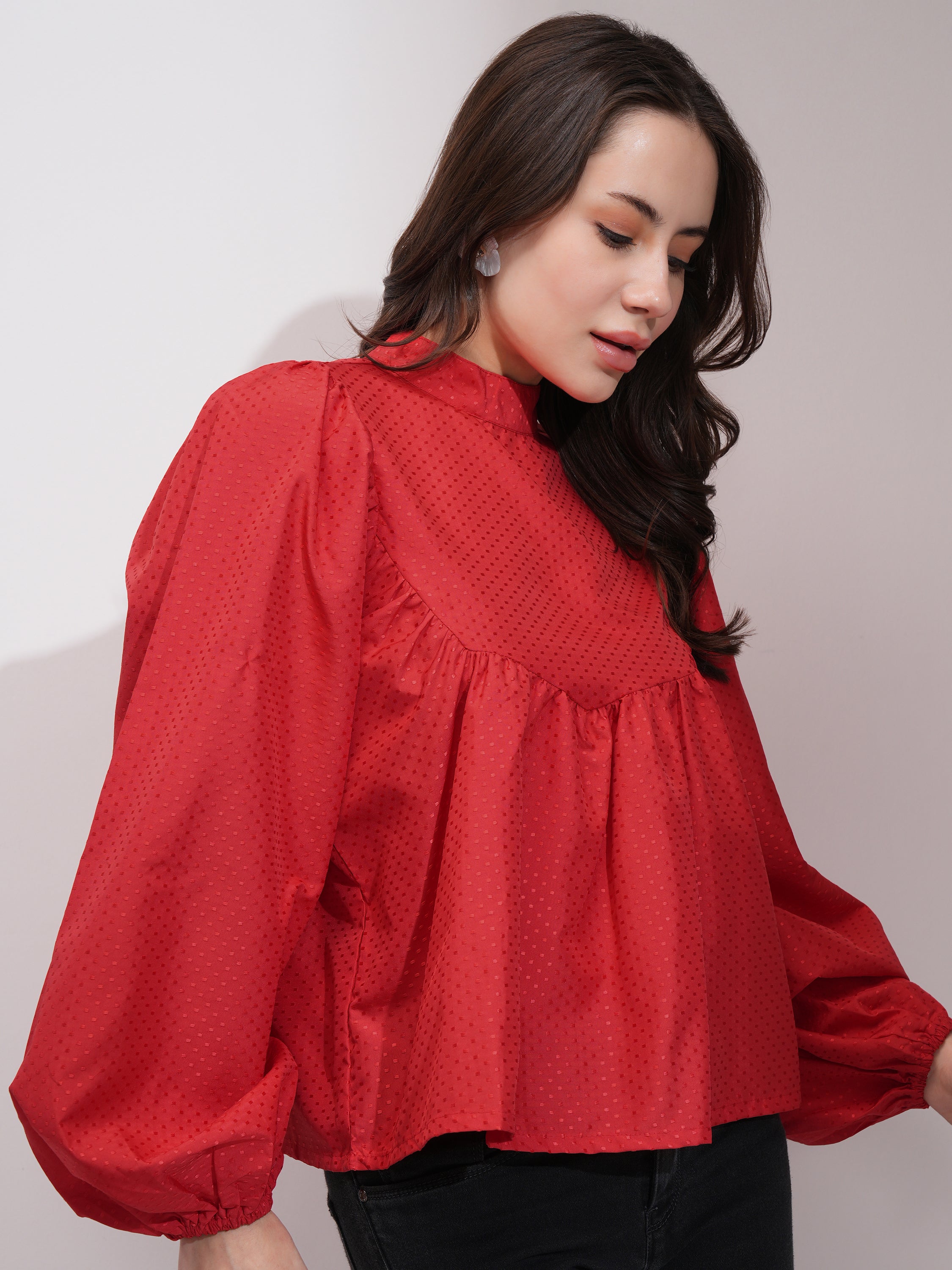 Tokyo Talkies Women Red Self Design Blouson Top - Red - Image 6