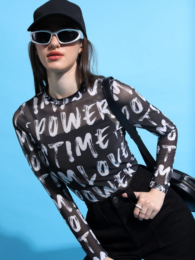 Tokyo Talkies Women Black Printed Fitted Top - Black - Image 1
