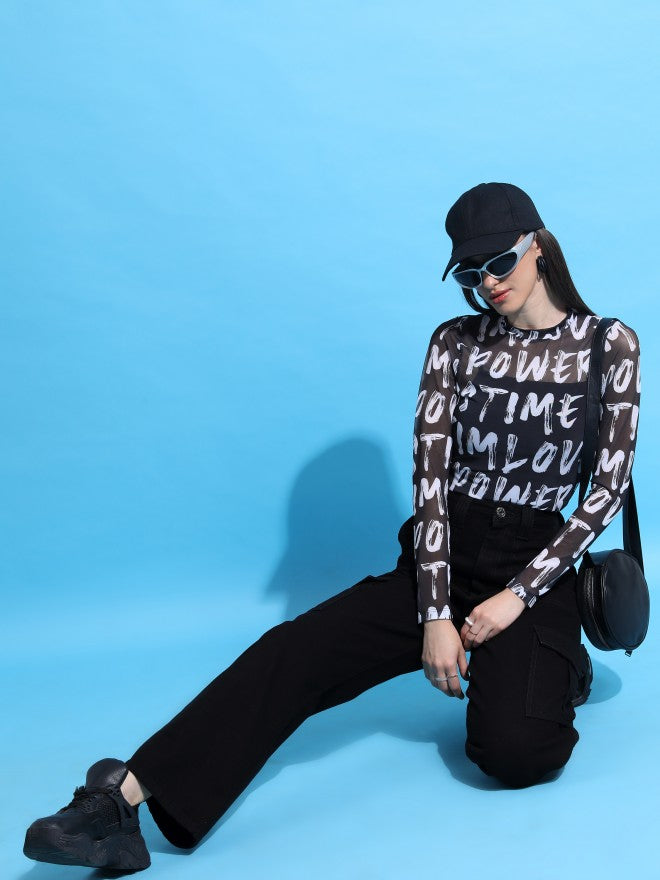 Tokyo Talkies Women Black Printed Fitted Top - Black - Image 2