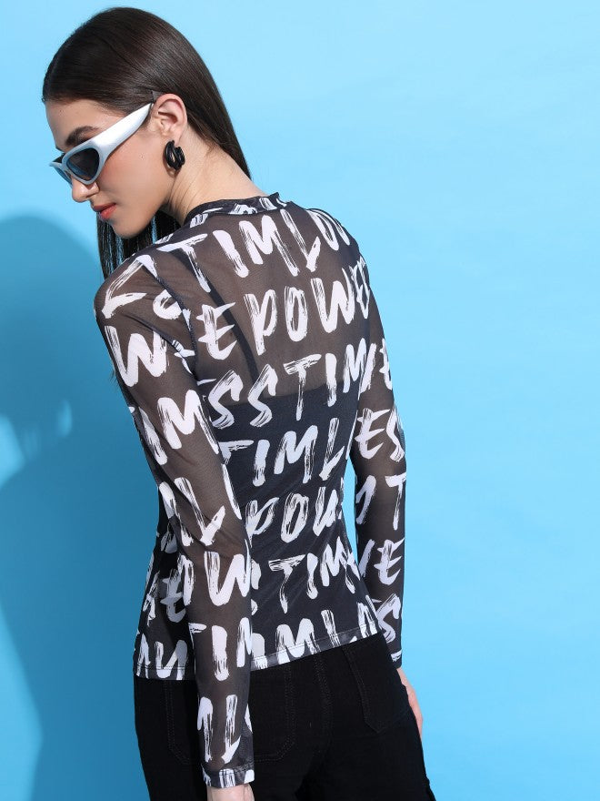 Tokyo Talkies Women Black Printed Fitted Top - Black - Image 3