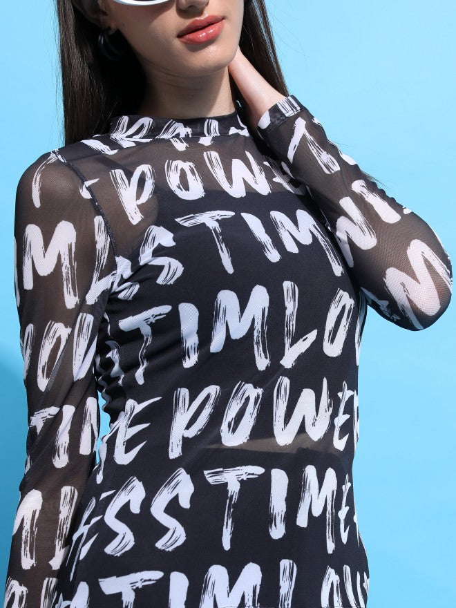 Tokyo Talkies Women Black Printed Fitted Top - Black - Image 5