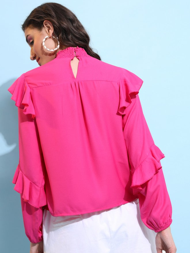 Tokyo Talkies Women Pink Solid Blouson Top - Pink - Image 3