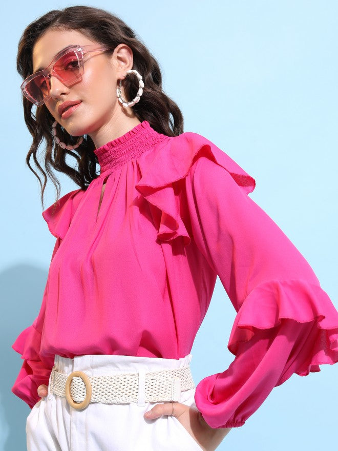 Tokyo Talkies Women Pink Solid Blouson Top - Pink - Image 4