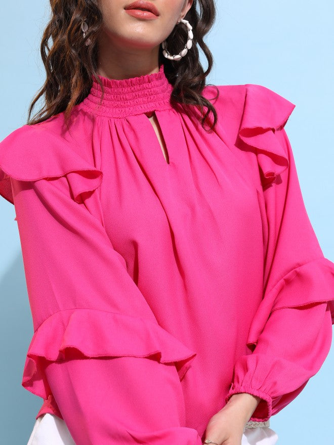 Tokyo Talkies Women Pink Solid Blouson Top - Pink - Image 5