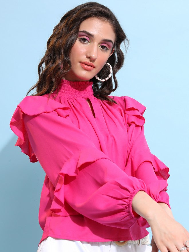 Tokyo Talkies Women Pink Solid Blouson Top - Pink - Image 6