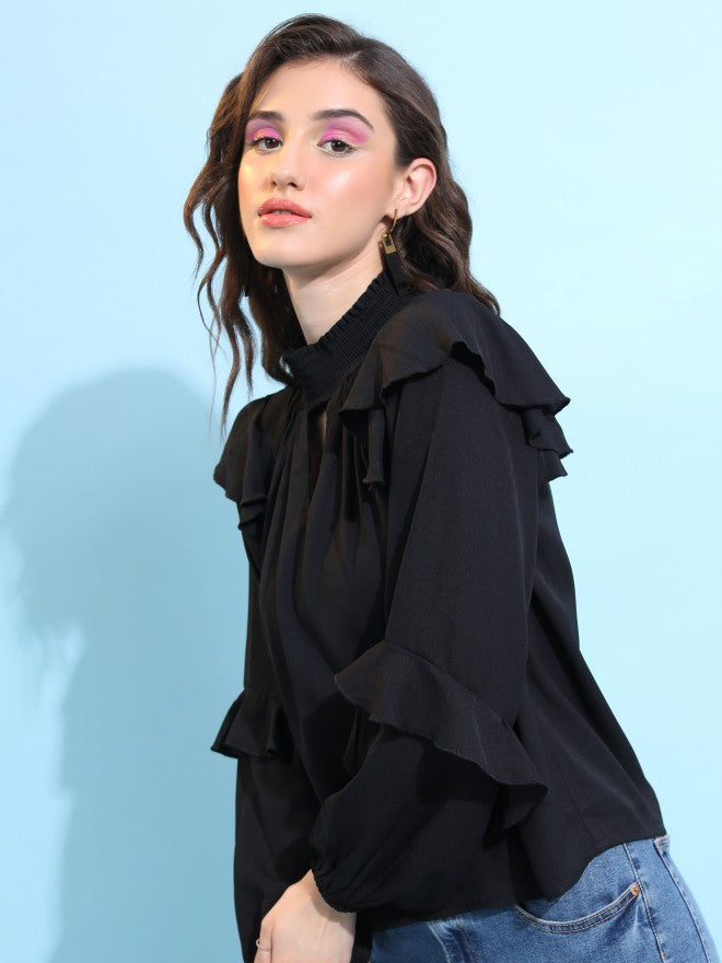 Tokyo Talkies Women Black Solid Blouson Top - Black - Image 4