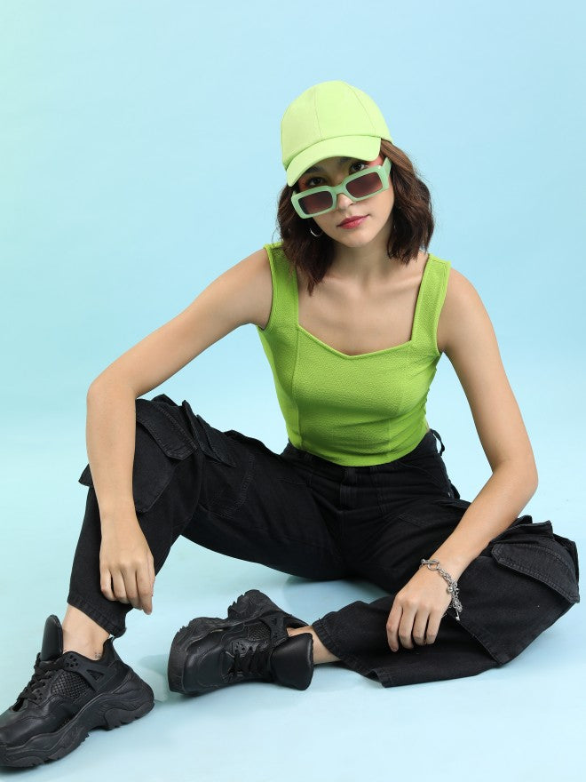 Tokyo Talkies Women Green Solid Fitted Top - Green - Image 2