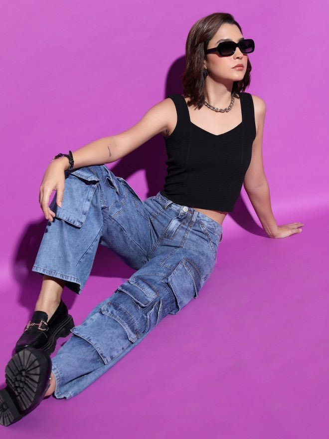 Tokyo Talkies Women Black Solid Fitted Top - Black - Image 2