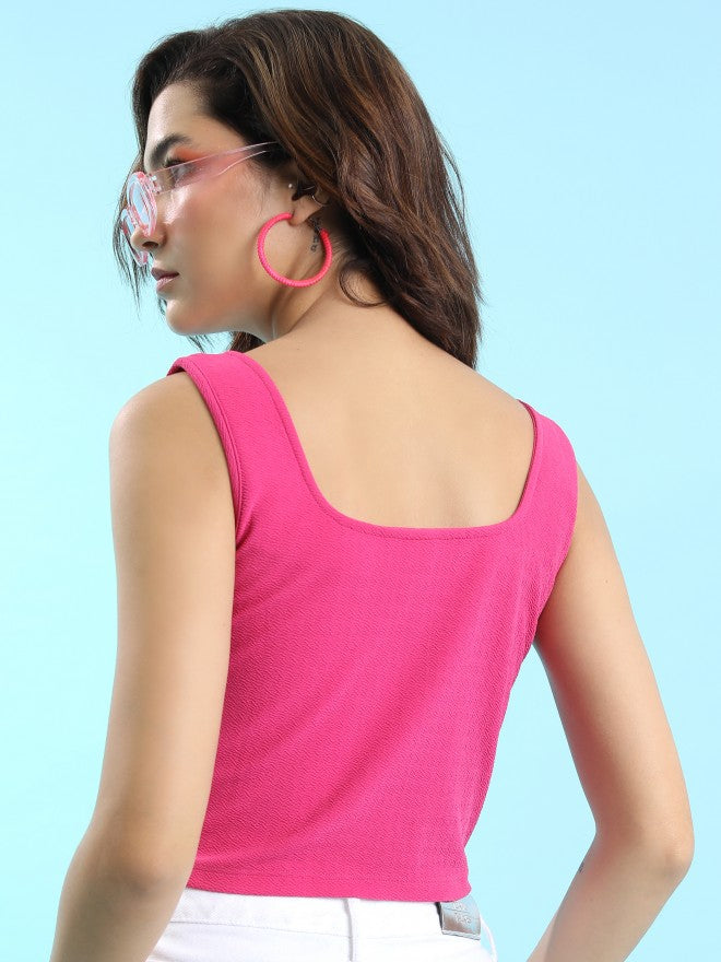 Tokyo Talkies Women Fuscia Solid Fitted Top - Pink - Image 3