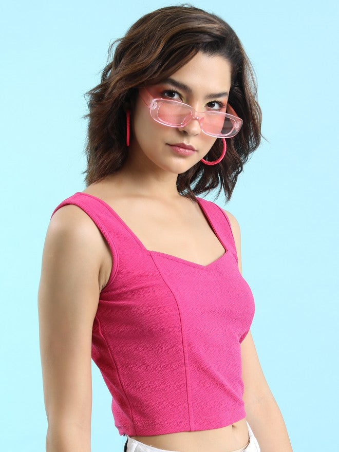 Tokyo Talkies Women Fuscia Solid Fitted Top - Pink - Image 6