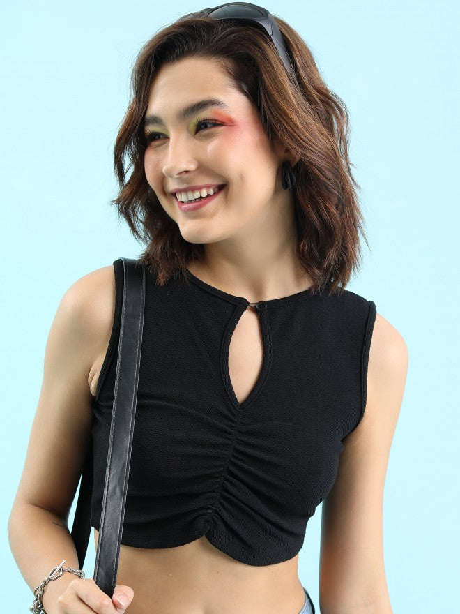 Tokyo Talkies Women Black Solid Fitted Top - Black - Image 1