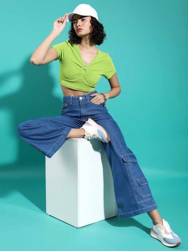 Tokyo Talkies Women Green Solid Fitted Top - Green - Image 2