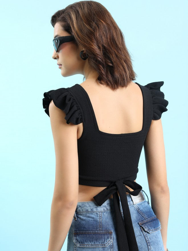 Tokyo Talkies Women Black Solid Fitted Top - Black - Image 3