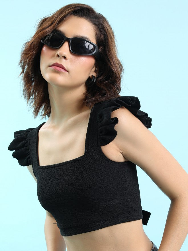 Tokyo Talkies Women Black Solid Fitted Top - Black - Image 4