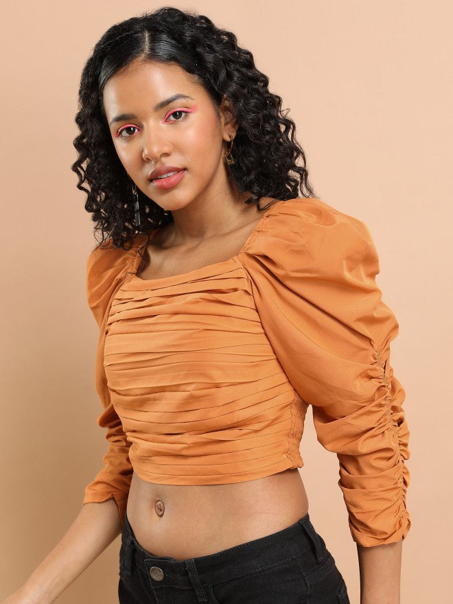 Tokyo Talkies Women Brown Solid Bardot Top - Brown - Image 4