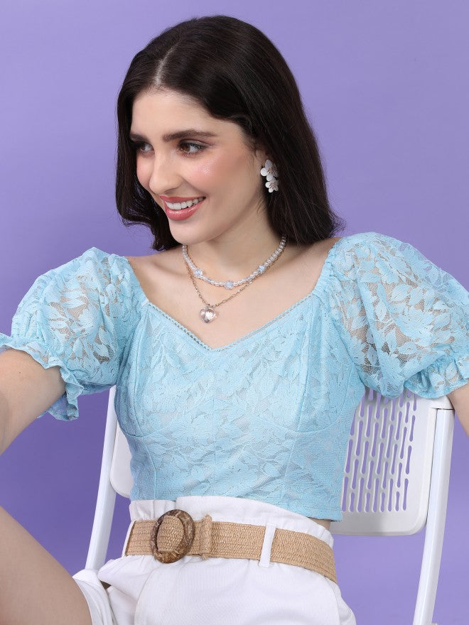 Tokyo Talkies Women Blue Self Design Fitted Top - Blue - Image 1