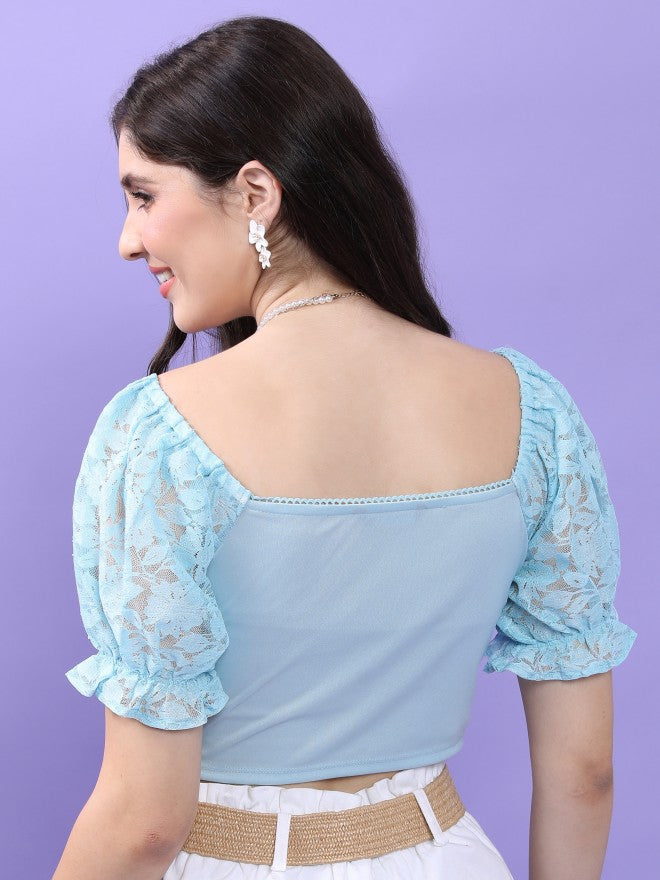 Tokyo Talkies Women Blue Self Design Fitted Top - Blue - Image 3