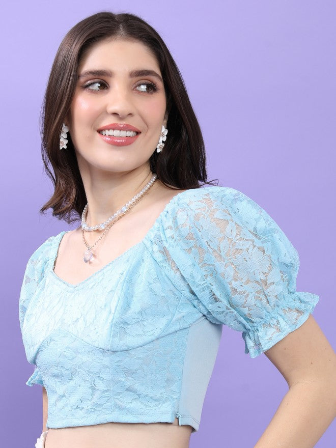 Tokyo Talkies Women Blue Self Design Fitted Top - Blue - Image 4