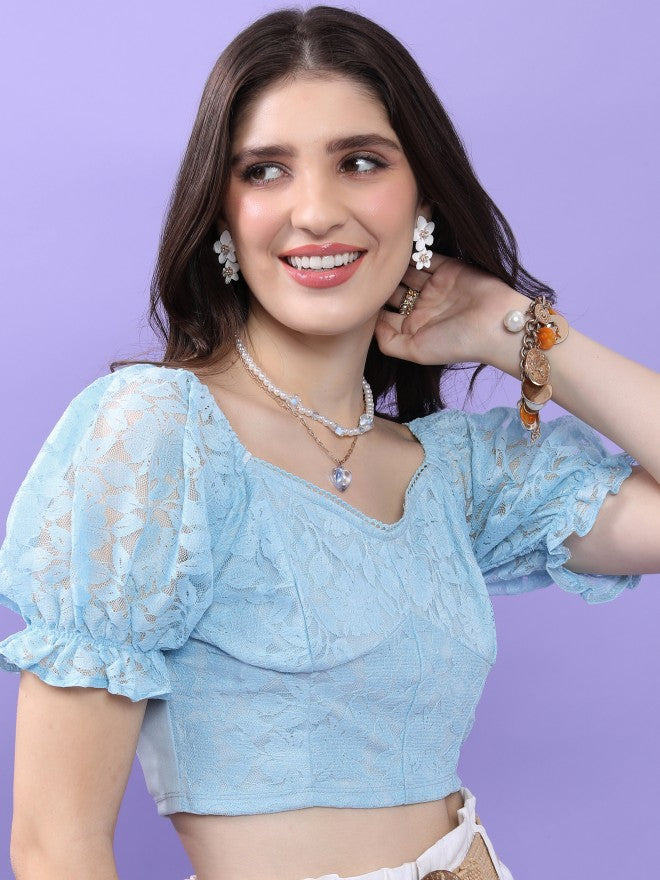 Tokyo Talkies Women Blue Self Design Fitted Top - Blue - Image 6