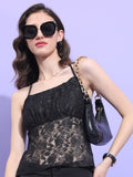 Tokyo Talkies Women Black Self Design Fitted Top - Black - Image 1
