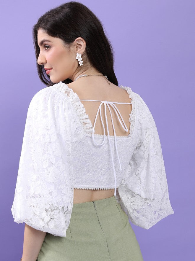 Tokyo Talkies Women White Self Design Fitted Top - White - Image 3
