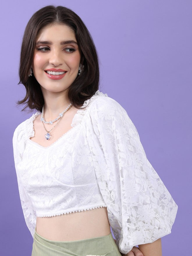 Tokyo Talkies Women White Self Design Fitted Top - White - Image 4