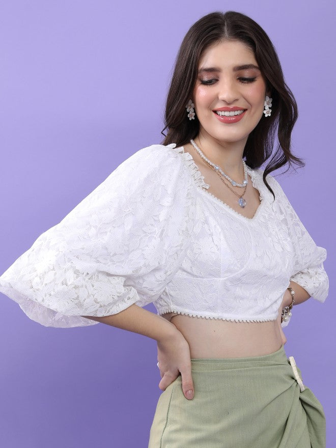 Tokyo Talkies Women White Self Design Fitted Top - White - Image 6