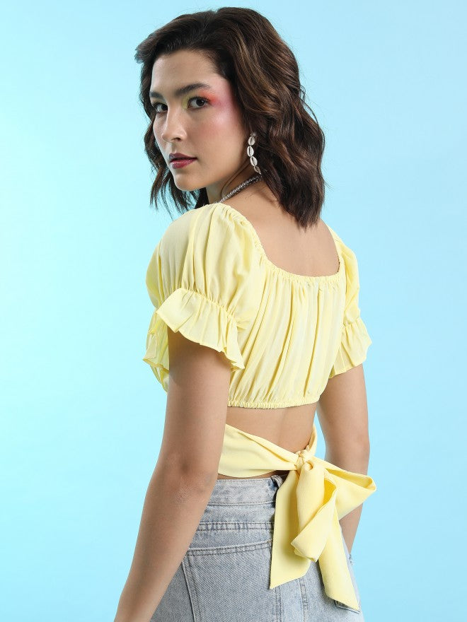 Tokyo Talkies Women Yellow Solid Fitted Top - Yellow - Image 3