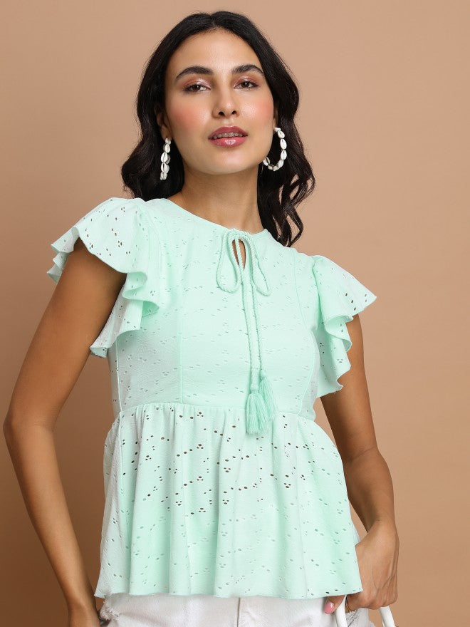 Tokyo Talkies Women Teal Self Design Peplum Top - Teal - Image 1