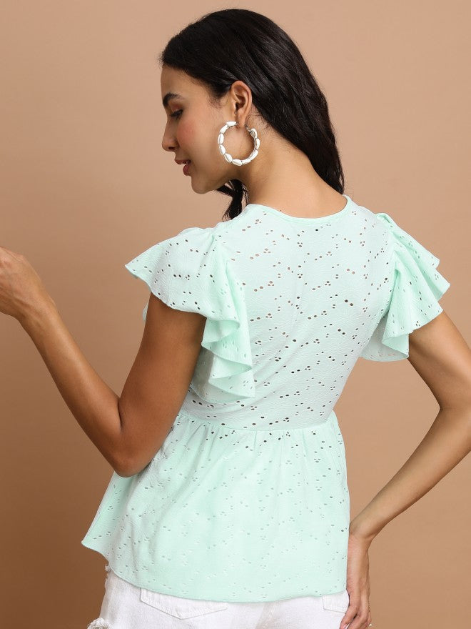 Tokyo Talkies Women Teal Self Design Peplum Top - Teal - Image 3