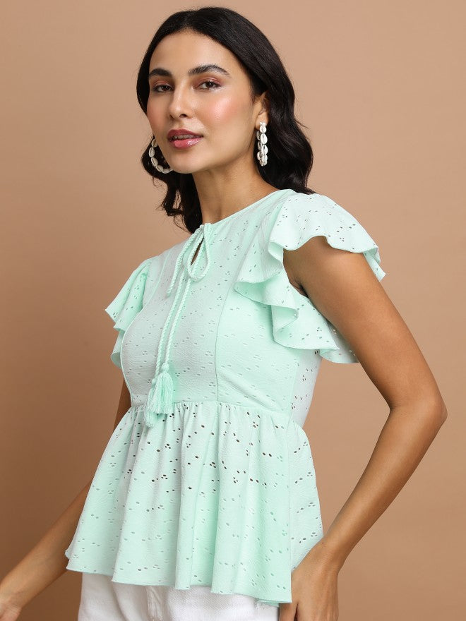 Tokyo Talkies Women Teal Self Design Peplum Top - Teal - Image 4