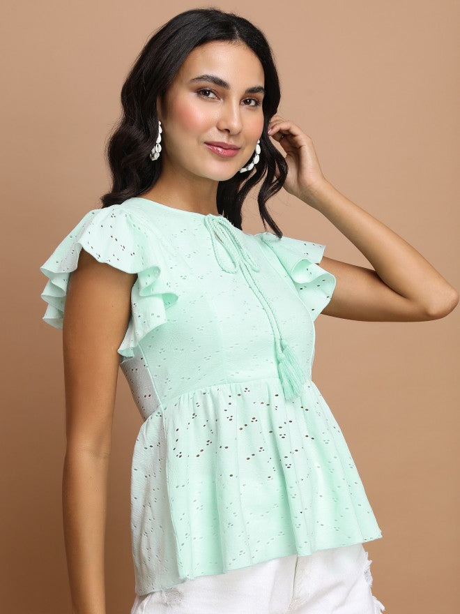 Tokyo Talkies Women Teal Self Design Peplum Top - Teal - Image 6
