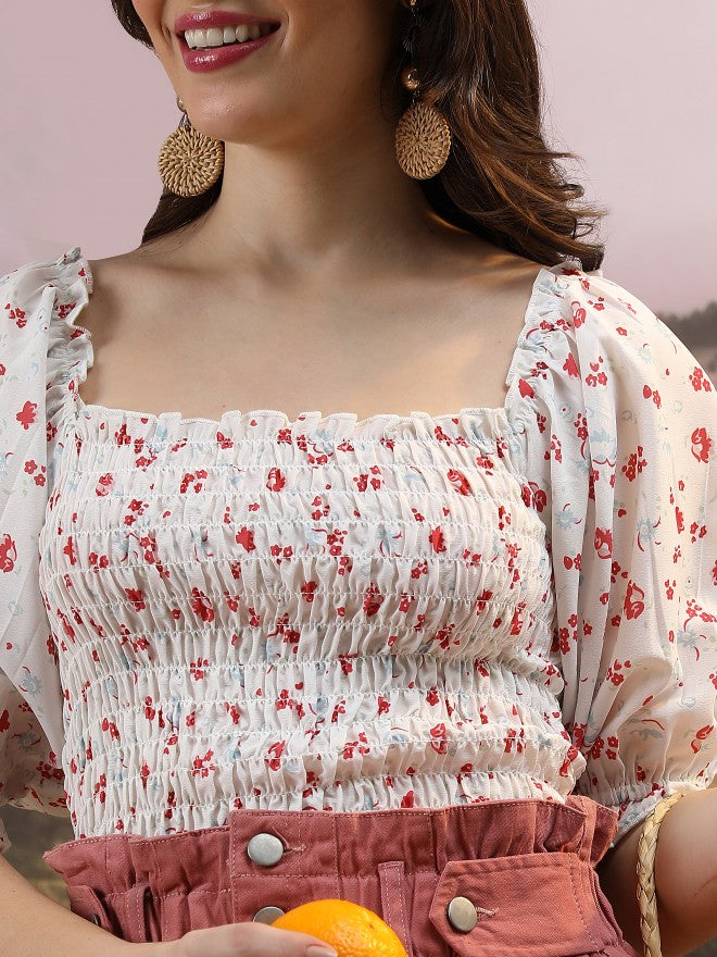 Tokyo Talkies Women Off White Printed Regular Top - Off White - Image 5
