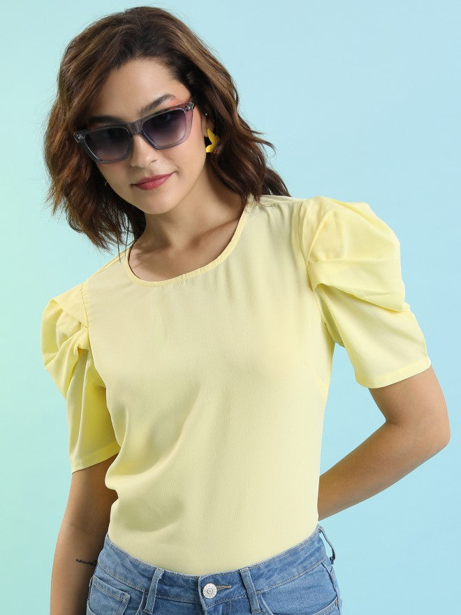 Tokyo Talkies Women Yellow Solid Fitted Top - Yellow - Image 1