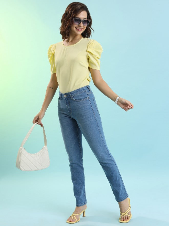 Tokyo Talkies Women Yellow Solid Fitted Top - Yellow - Image 2
