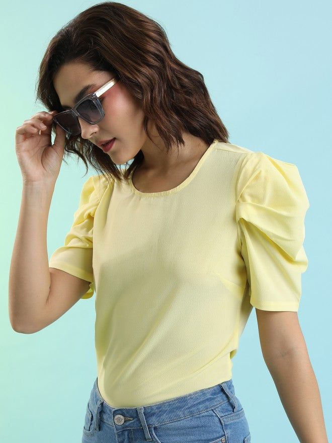 Tokyo Talkies Women Yellow Solid Fitted Top - Yellow - Image 4