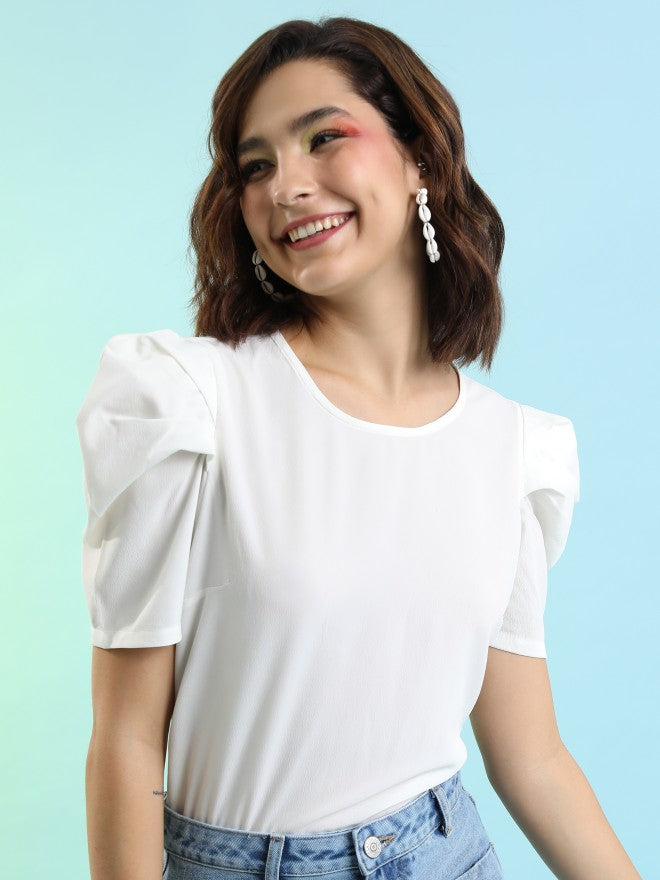 Tokyo Talkies Women White Solid Regular Top - White - Image 1