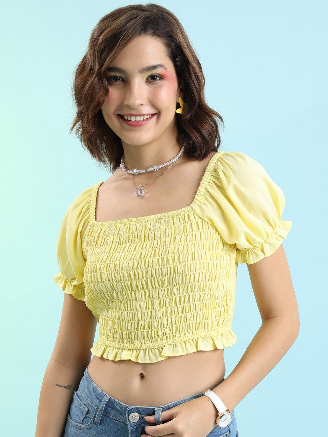 Tokyo Talkies Women Yellow Solid Fitted Top - Yellow - Image 1
