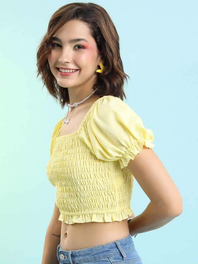 Tokyo Talkies Women Yellow Solid Fitted Top - Yellow - Image 4