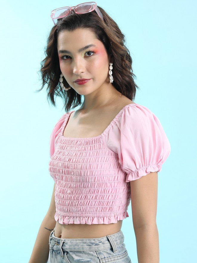 Tokyo Talkies Women Pink Solid Fitted Top - Pink - Image 4